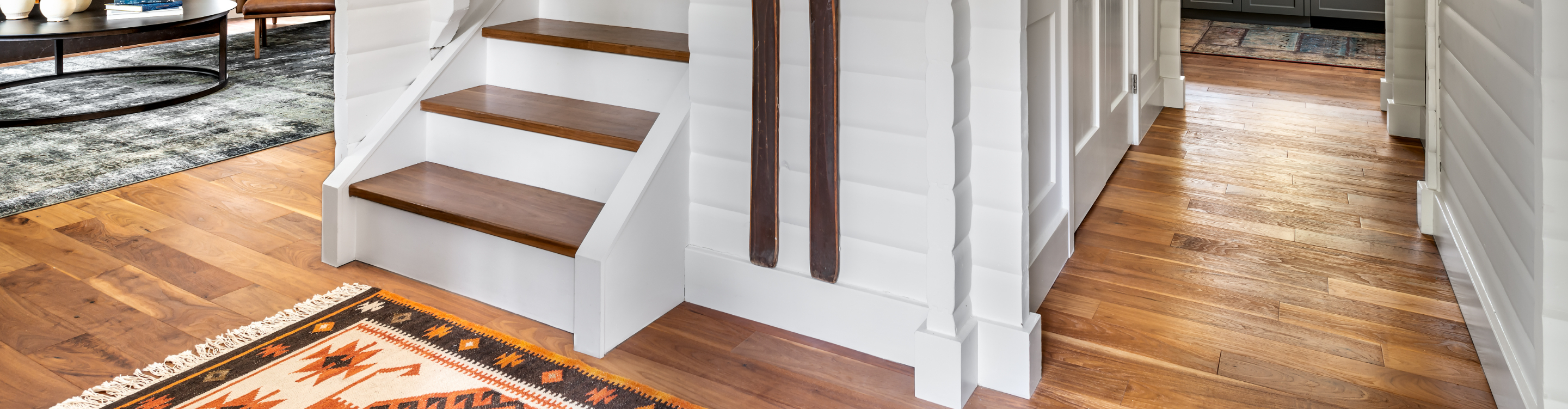 Plank Hardwood in Living Room with Stairs